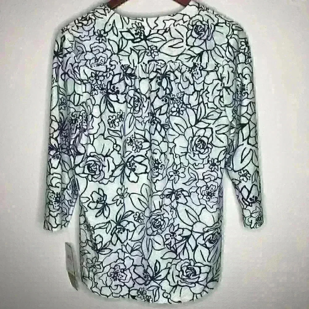 NWT Cathy Daniels Simply‎ Textured Roll Tab Sleeve Print Top Sz S - Picture 10 of 12